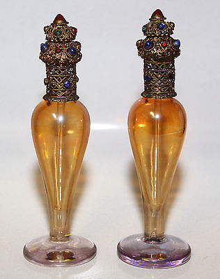 Antique Jeweled Czech Perfume Bottle Pair Marigold Amethyst Glass Signed