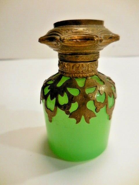 Rare Antique 1960s French Green Opaline Bronze Small Perfume Scent Bottle
