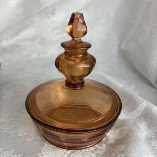 Fostoria Antique Amber Glass Perfume Bottle Powder Dish Stopper Combo Circa 1940