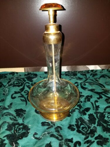 Antique Perfume Bottle Atomizer Irredescent Gold with Topaz Stone on Metal Pump