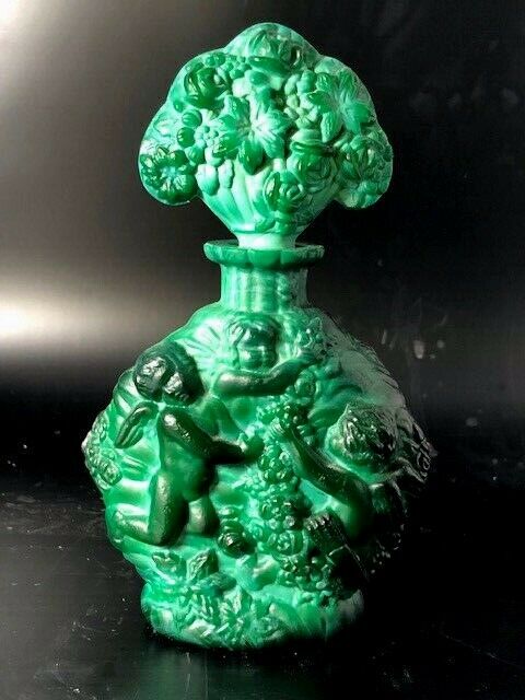 EARLY MALACHITE GLASS PERFUME BOTTLE VICTORIAN TO 1930S WITH CHERUBS 6 1/2 IN