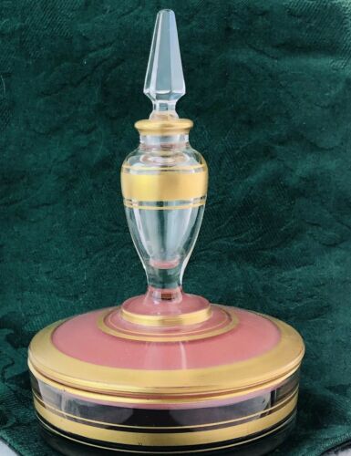 Fostoria Antique Perfume Bottle Powder Dish Dresser Combination 1930s Pink Gold