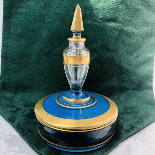 Fostoria Antique Perfume Bottle Powder Dish Dresser Combination 1930s Blue Gold