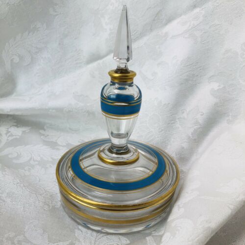 Fostoria Antique Blue Gold Clear Perfume Bottle Powder Dish Stopper Glass Combo