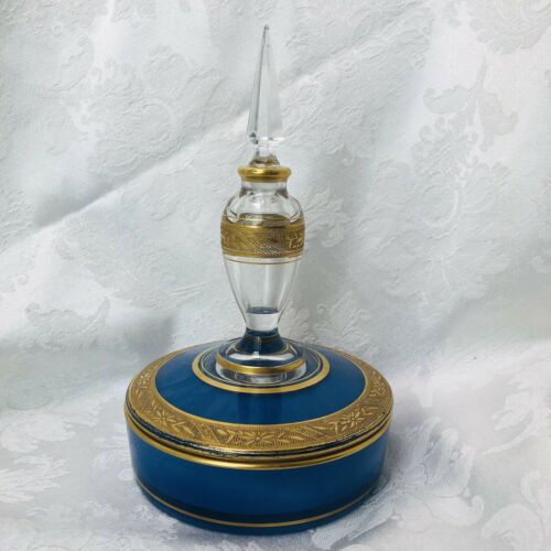 Fostoria Antique Blue Gold Perfume Bottle - Powder Dish Glass Stopper Combo Set