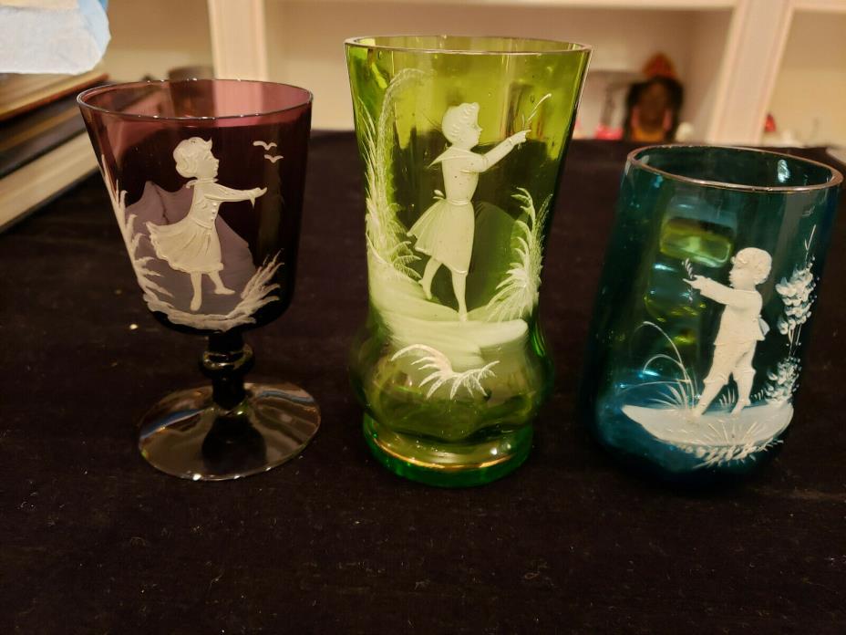 Three Mary Gregory Glasses Different sizes and colors Vintage