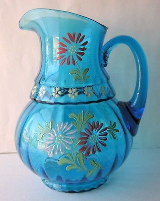 Antique Victorian Aqua Blue Optic Art Glass Pitcher Hand Painted Floral Enamel