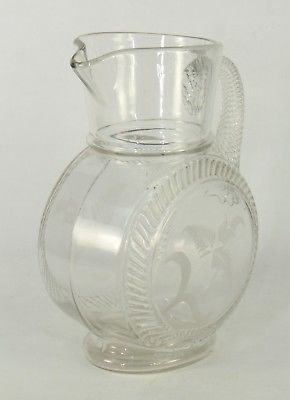 Antique mid 1800's Mold Blown Clear Glass Pitcher Swirled Handle Etched Flowers