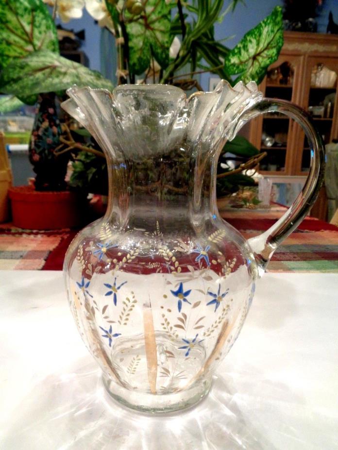 BEAUTIFUL DELICATE HAND BLOWN VINTAGE PITCHER CLEAR W/HAND PAINTING RUFFLE TOP