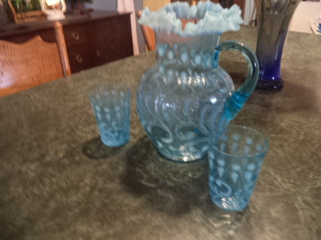 victorian antique jefferson pitcher and glass button and braids