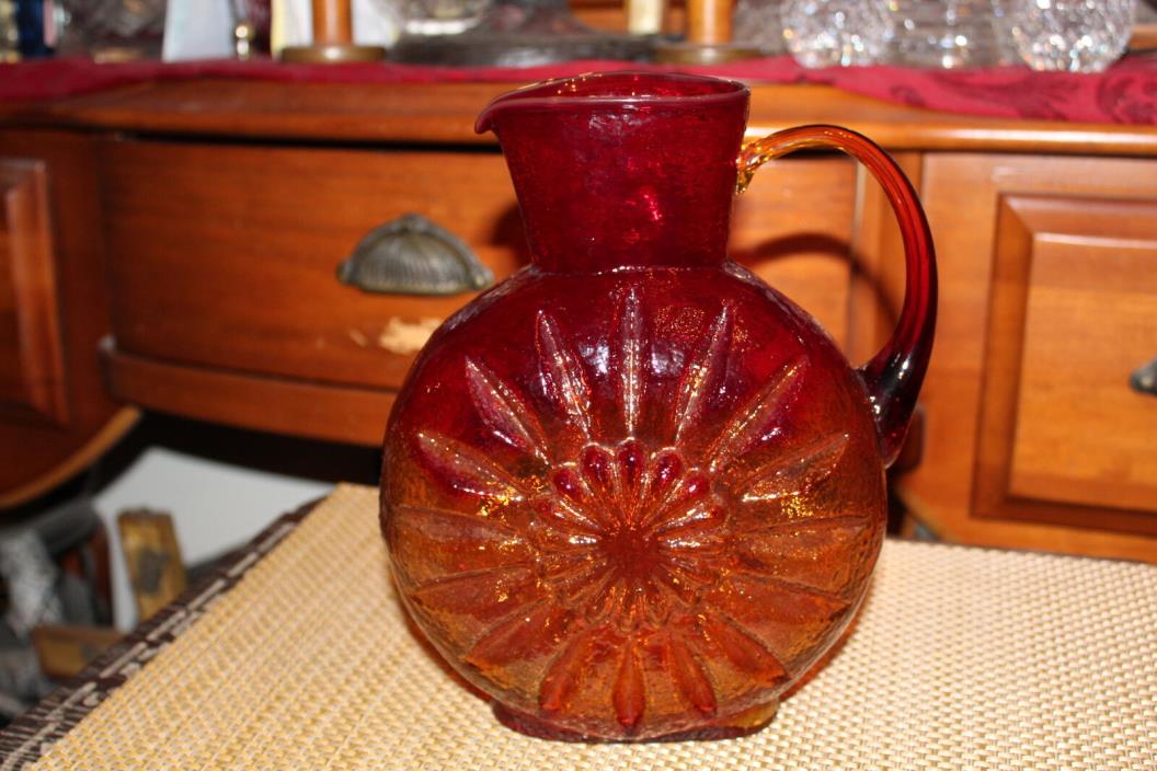Vintage Amberina Glass Pitcher Sunflower Design