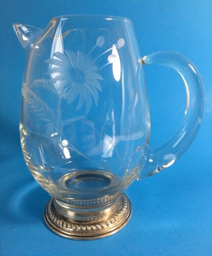 Floral and Wheat Etched Glass Pitcher with Silver Base 6.75