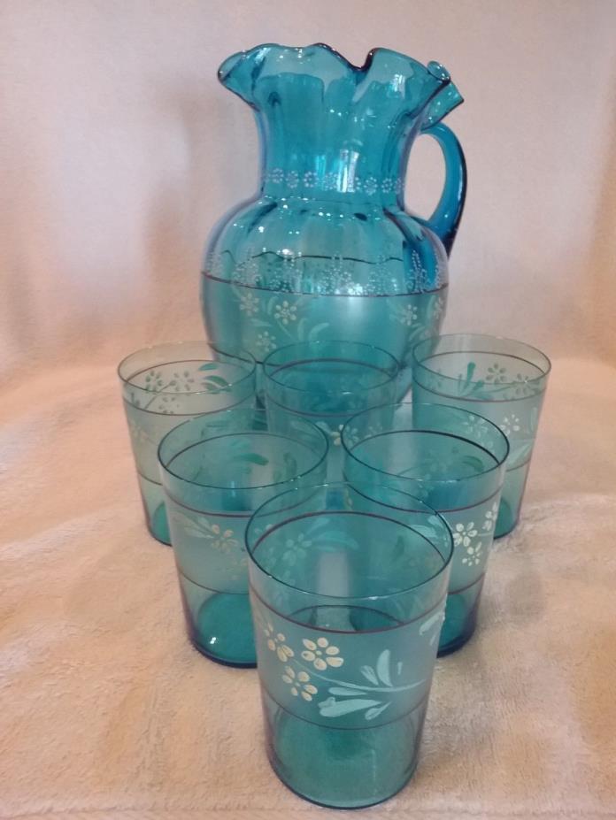 ANTIQUE  BLOWN GLASS AND HAND PAINTED PITCHER AND SIX GLASSES  -SAPPHIRE BLUE-