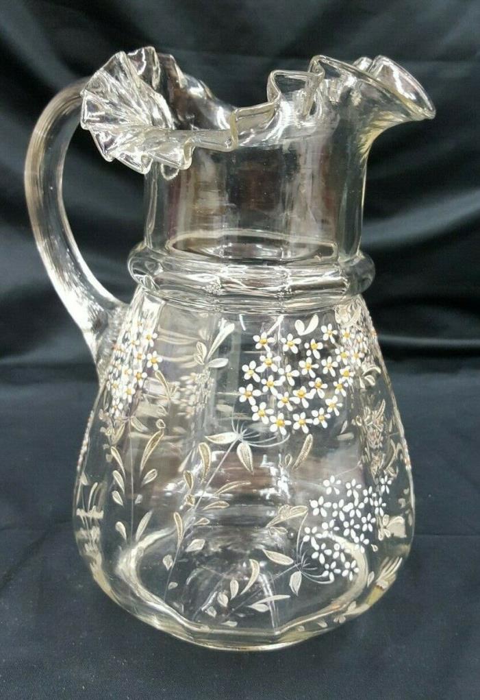 Vintage Hand Blown Hand Painted Ruffled Top Clear Glass Pitcher