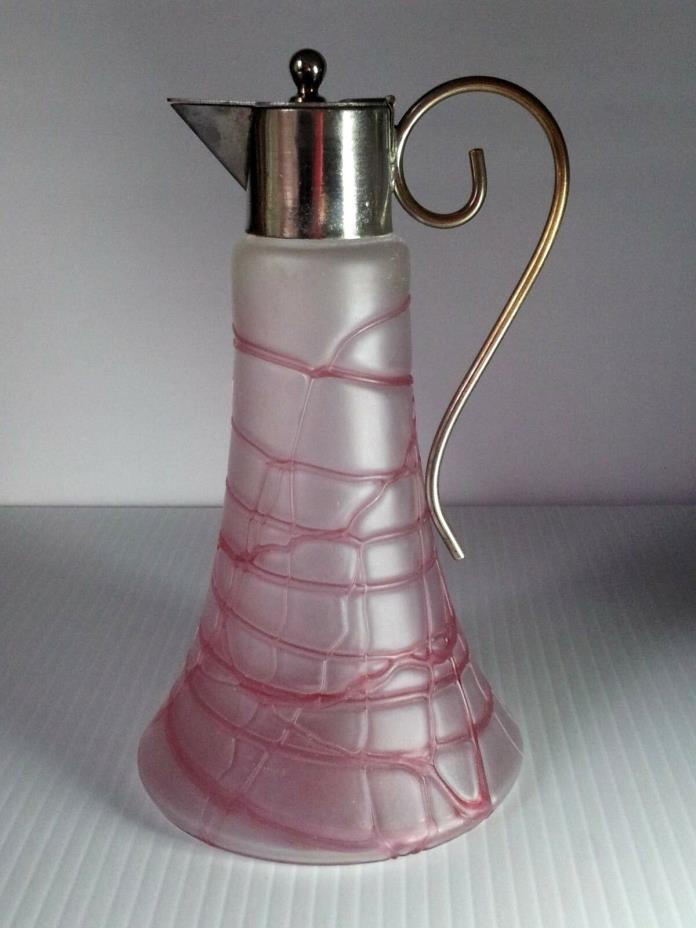 Vintage Syrup Pitcher Jug Pink Threaded Frosted Glass Swirl Satin Metal Mounted
