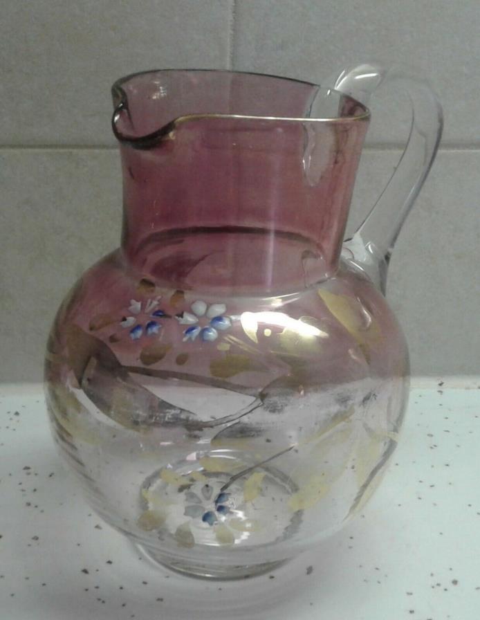 Hand Blown Pitcher Blue Flowers And Gold Leaves