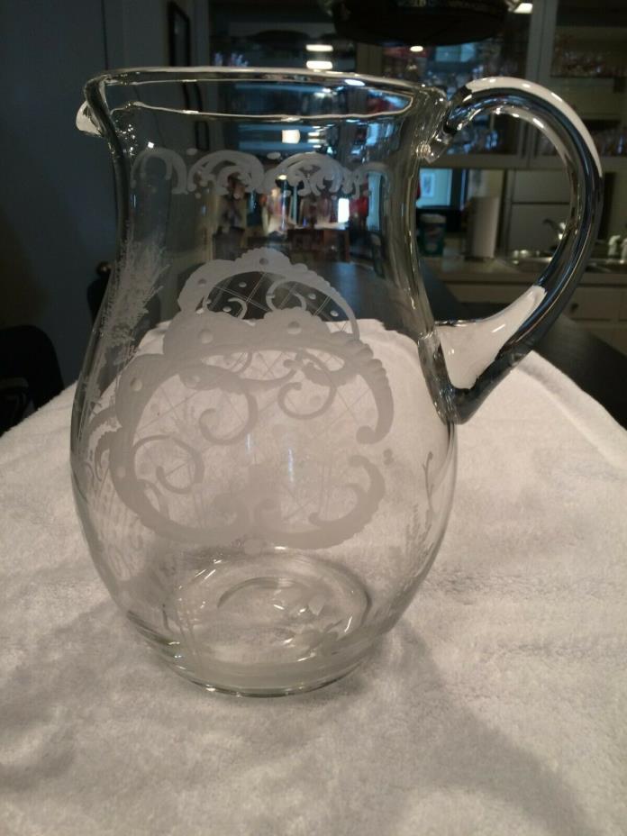 Exquisite Antique Etched Glass Water Pitcher, Floral Cutting