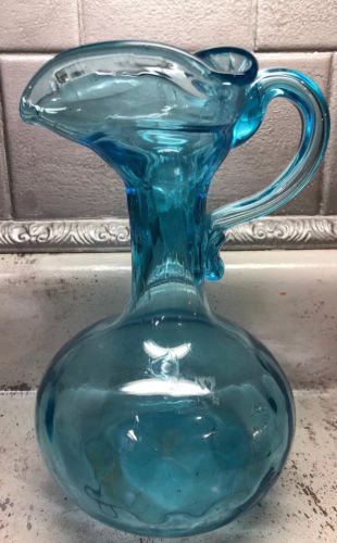 ANTIQUE BLENKO HAND BLOWN GLASS PANELED AQUAMARINE BLUE WATERFALL PITCHER VASE