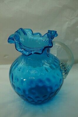VICTORIAN GLASS PITCHER INVERTED THUMBPRINT BLUE RUFFLED RIM 9in TALL ANTIQUE