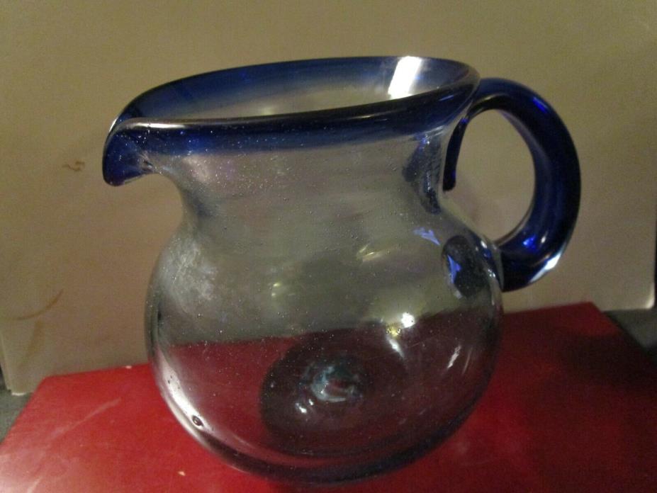 VINTAGE HAND BLOWN CLEAR BLUE GLASS PITCHER w'COBALT RIM & HANDLE 5.5