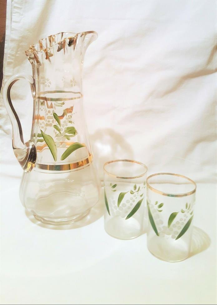 OLD  Fancy GLASS LEMONADE PITCHER Painted Lilly of the Valley  12.5 In.