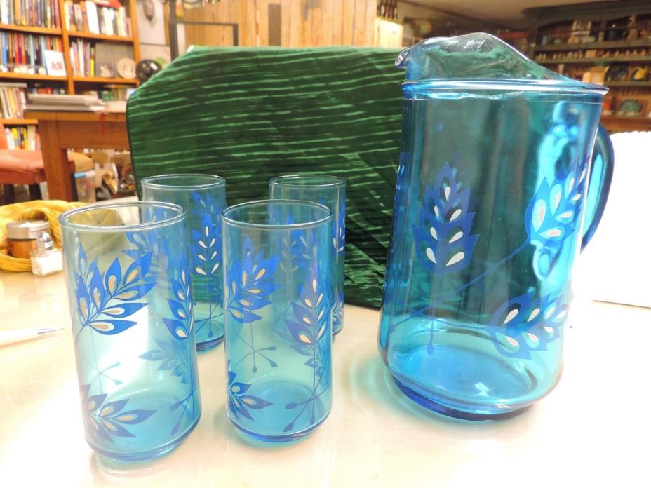 Vintage Blue Glass Pitcher and Four Glasses Leaf Fern Leaf Pattern