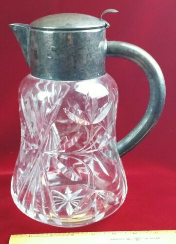 Antique Cut Crystal Pitcher with Silver Plate Top, Germany c.1930