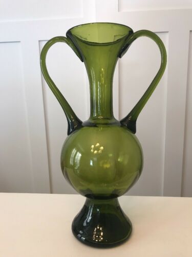 Large Vintage Blown Glass Olive Green Vase With Double Handle