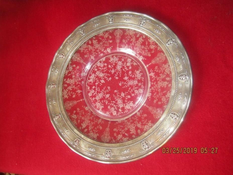 RARE Large Vintage Wallace Sterling Silver &Etched Glass Rose Point Tray/Platter