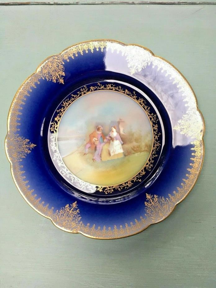 Antique Guerin Limoges Hand Painted Romantic Couple Cobalt/Gilt  Plates Set of 4