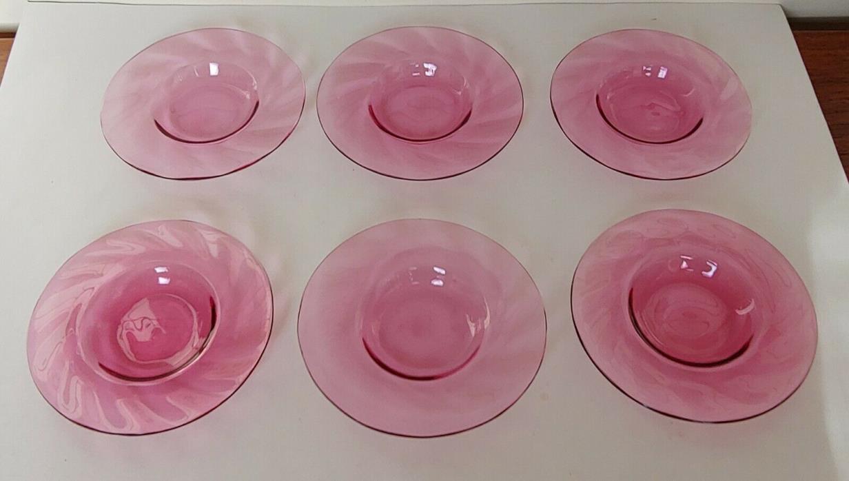 Antique Victorian Pink Optic Swirl Cranberry Glass Desert Plates Lot of 6