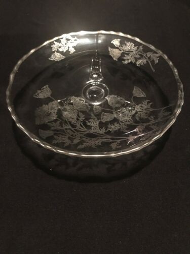 Beautiful Vintage  7”  3- Footed Glass Dish with Inlaid Silver Flowers