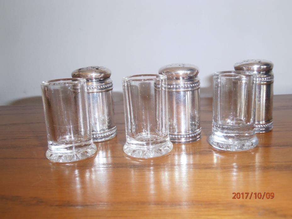 Antique Vintage Silverplate Salt & Pepper Shakers Glass Insert Small 3 Beaded