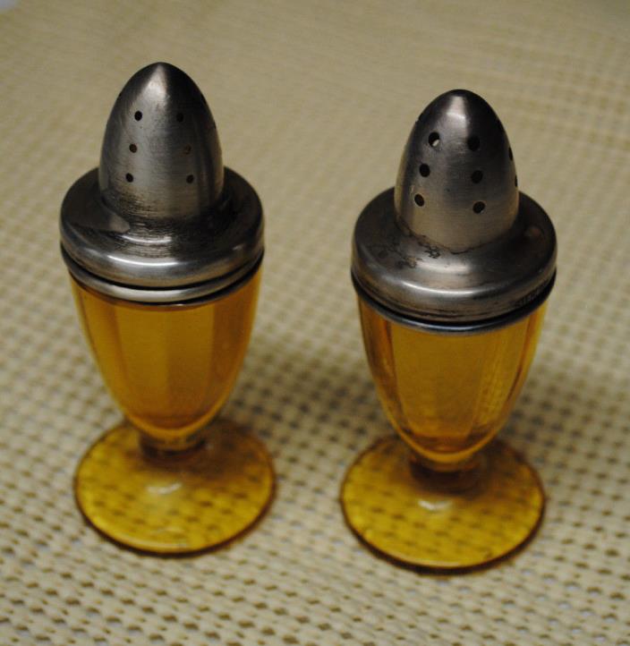 Vintage Amber Glass Salt & Pepper Shakers With Sterling Silver Covers