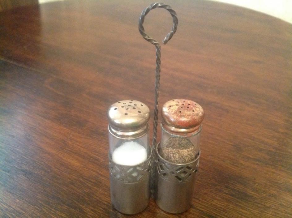 ANTIQUE GLASS SALT PEPPER SHAKERS w/ SILVER LIDS & HOLDER