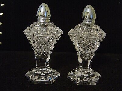 VINTAGE CUT GLASS SALT AND PEPPER SHAKERS WITH SILVER TOPS 4-3/8