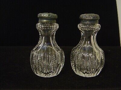 VINTAGE CUT GLASS SALT AND PEPPER SHAKERS WITH SILVER METAL TOPS 3-1/4
