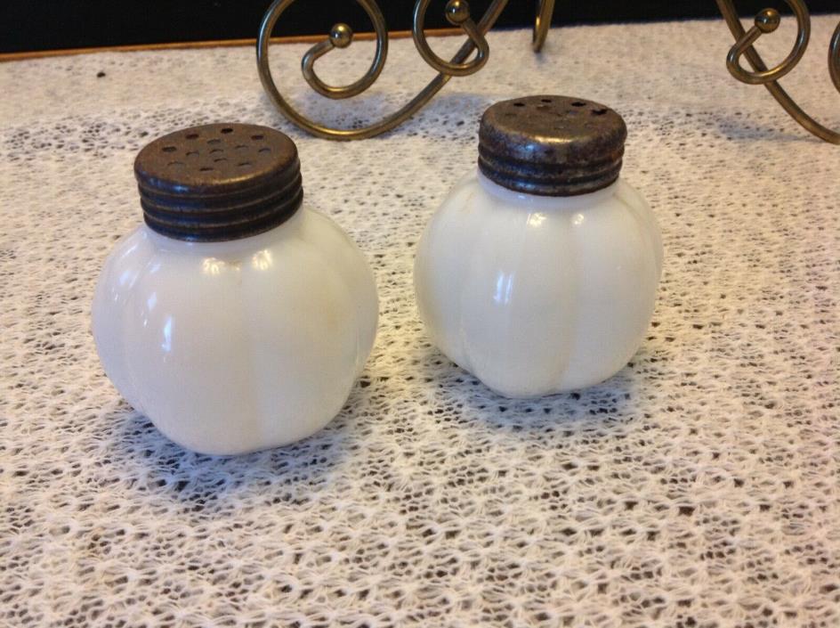 Antique pair Salt & Pepper Shakers Melon 6 Rib Milk Glass Pressed with lids