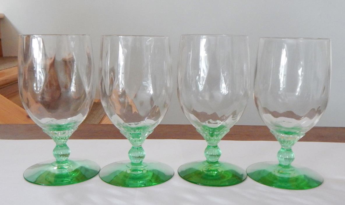 Vintage Set Of 4 Green Depression Crystal Goblet Stem Wear, Perfect Condition