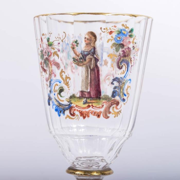 Antique Hand Painted Austrian Lobmeyr Hand Blown Faceted Crystal Stemware Goblet