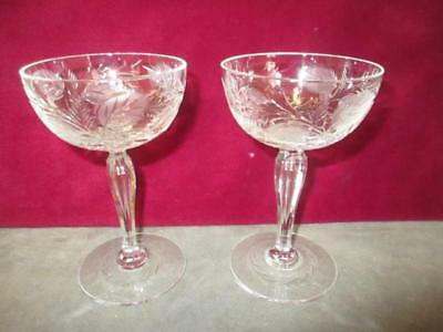 Antique Cut Glass  Pair Wine Glasses - Fern Leaf Design  ks6