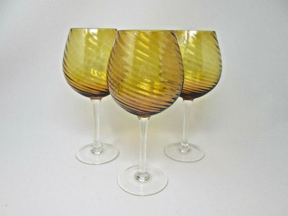 *Amber Glass Handblown Tight Swirl Crystal Water Goblets Clear Stem 9