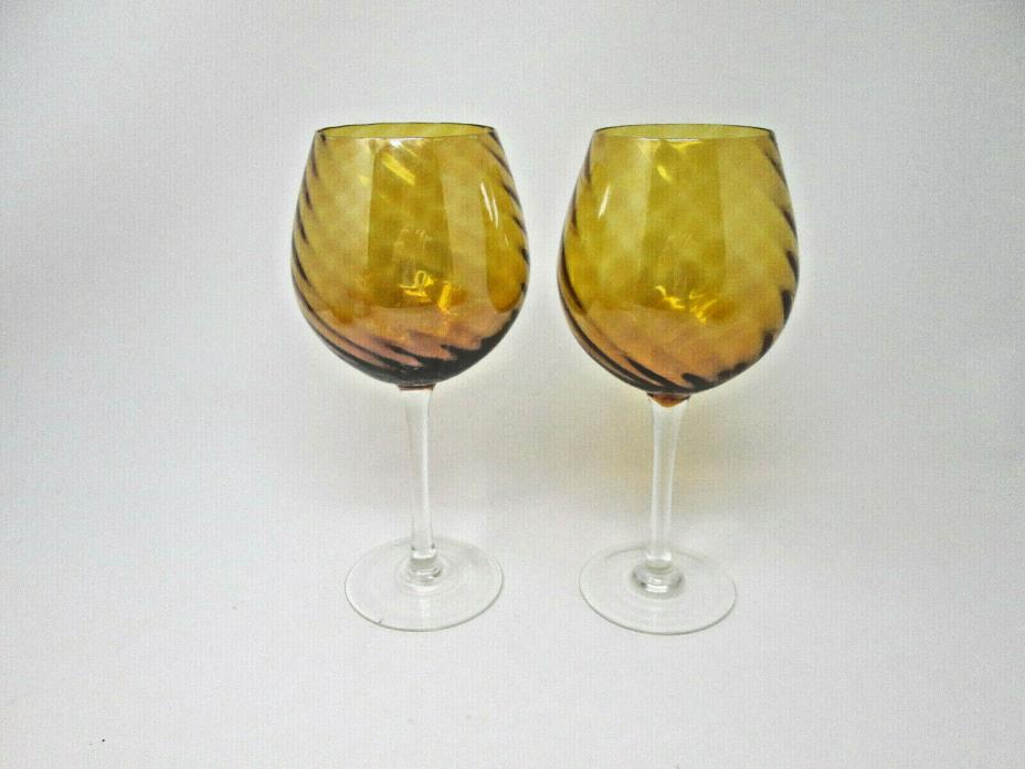 *Amber Glass Handblown Optic Swirl Crystal Water Goblets Clear Stem 9