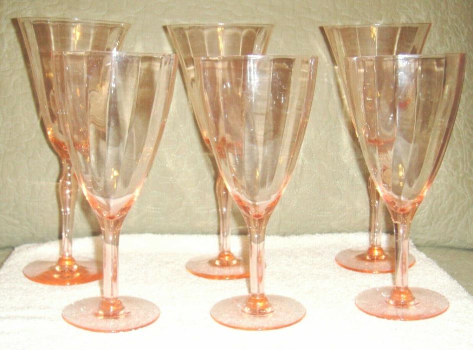 6 Vintage Pink Ribbed Depression Era Glasses ~ 3@ 7