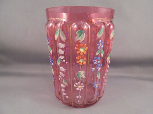 Old Antique Victorian Cranberry Glass Enameled Ribbed Tumbler