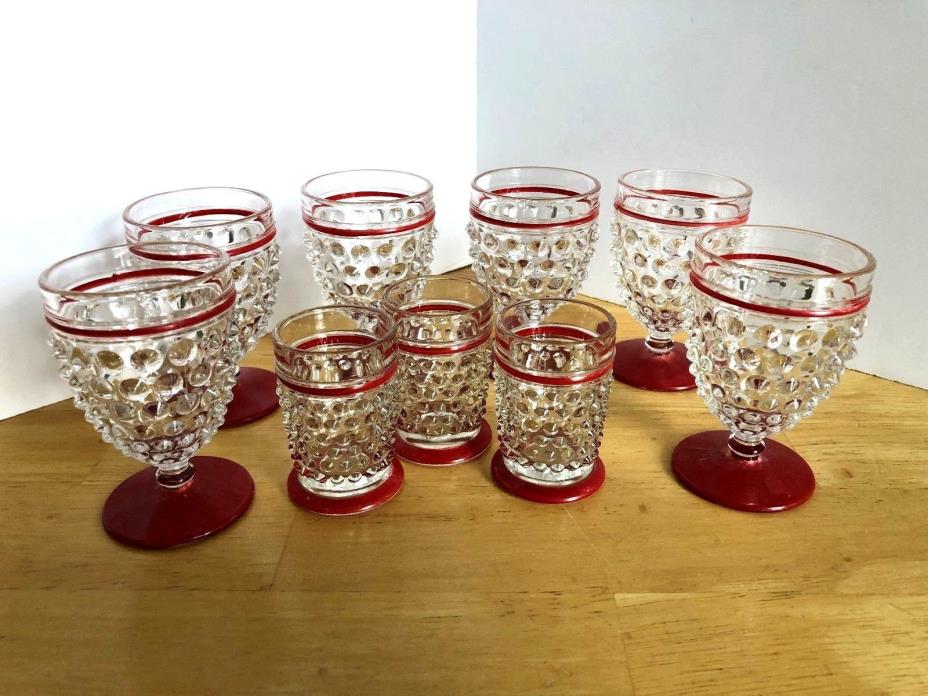 VINTAGE SET OF 9 RED TRIMMED HOBNAIL GLASSES IN TWO SIZES