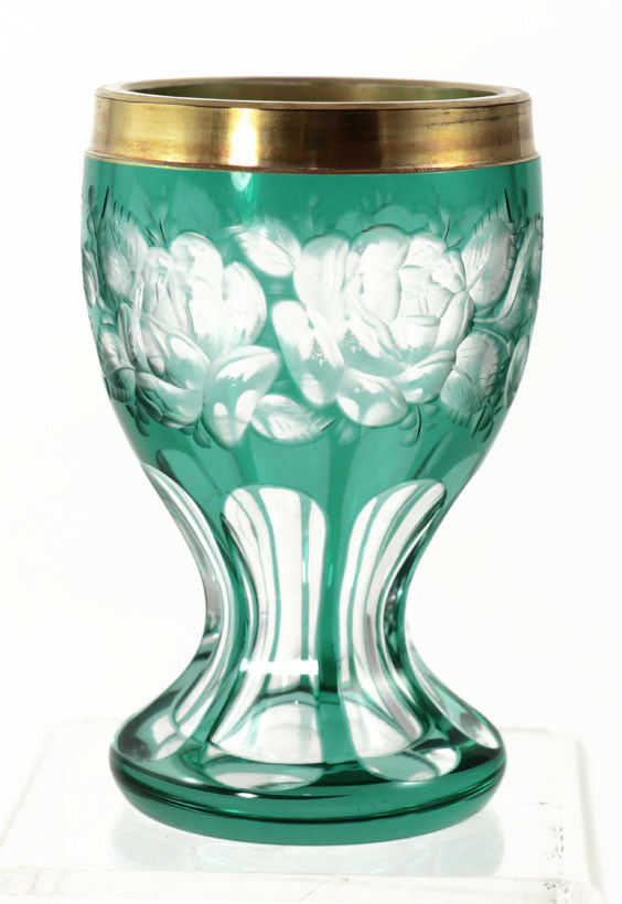 Vintage Bohemian/German deep green cut to clear heavy goblet, roses [11640]