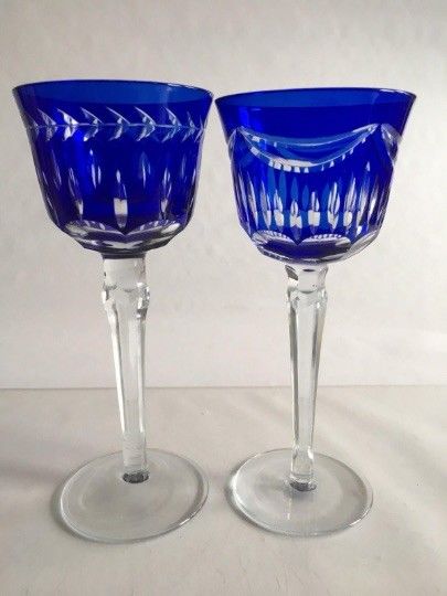 Pair German Bohemian Cut To Clear Cobalt Blue Wine Roemer Rohmer Glasses Lot