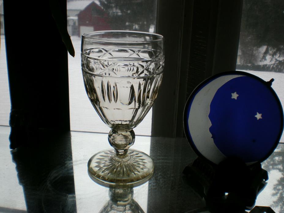 ANTIQUE CUT & POLISHED CRYSTAL GOBLET - FAINT ROSE TINT - WONDERFUL LOOK & RING!
