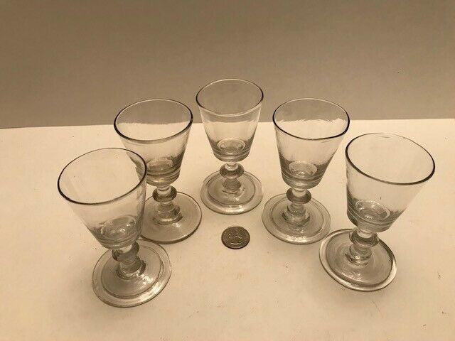 Set 5 Antique 18th Century Hand Blown Cordial Wine Glasses